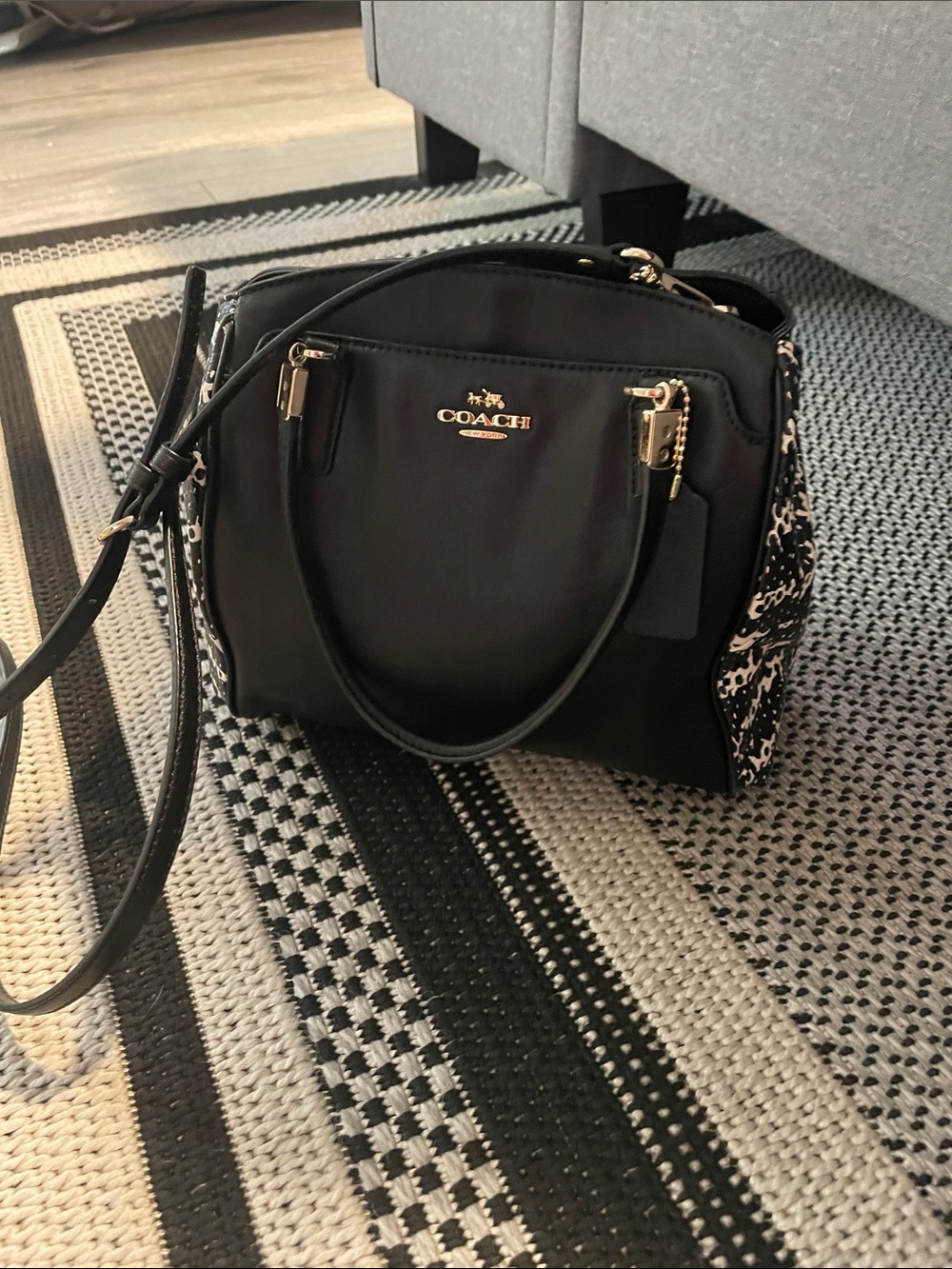 Coach Black Leather Satchel with Patterned Side Panels